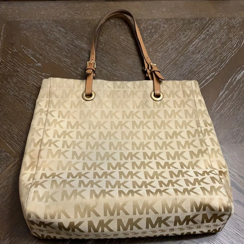 Michael Kors MK monogrammed print tan large shoulder bag with tan leather straps